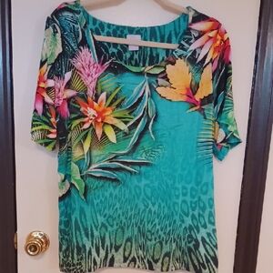 Chico's Teal Tropical Floral Short Sleeve Top